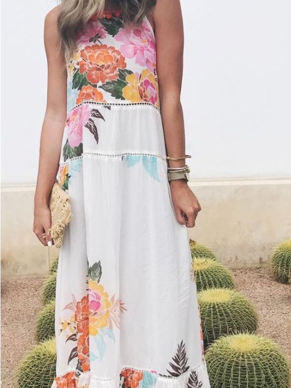 Floral White Tiered Maxi Dress with Pink & Orange Blooms - Picture 8 of 15